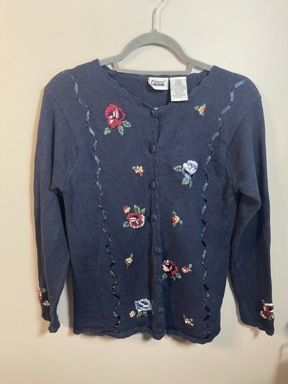Capacity Petites VTG Embroidered Navy Floral Button-Front Cardigan Sweater